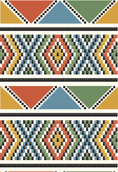 Close-up of NIZARRA Zulu-inspired geometric wallpaper with repeating beadwork-inspired diamond motifs, triangular shapes and black-and-ivory borders in terracotta, ochre, muted blue and green.