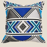 Front view of a square NIZARRA cushion with a Zulu bead-inspired geometric pattern in cobalt blue, turquoise, black, grey and white.