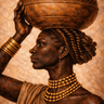 Close-up detail of The Bearer – Sankofa I by NIZARRA, highlighting clay vessel texture, gold jewelry, and rich earthy tones”