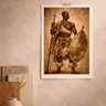 Unframed archival paper print of an African warrior holding a spear and shield, mounted with tape on a warm textured plaster wall, styled with neutral material boards and a ceramic vase, in a soft, earthy Afro-modern studio setting.