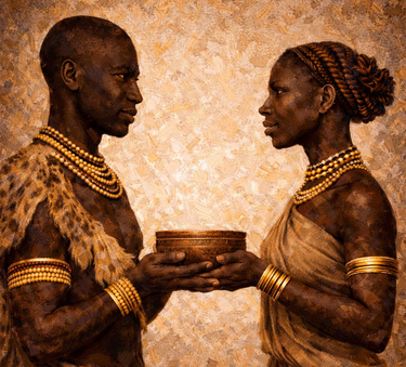 The Offering by NIZARRA, Afro-modern African wall art featuring two figures exchanging a ceremonial vessel in warm earthy tones