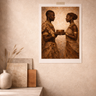 The Offering by NIZARRA, archival African art print styled on a textured wall with neutral decor in an Afro-modern interior setting