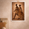 Sankofa The Passage IV framed wall art in black wood frame with stone mount, displayed on a textured warm neutral plaster wall