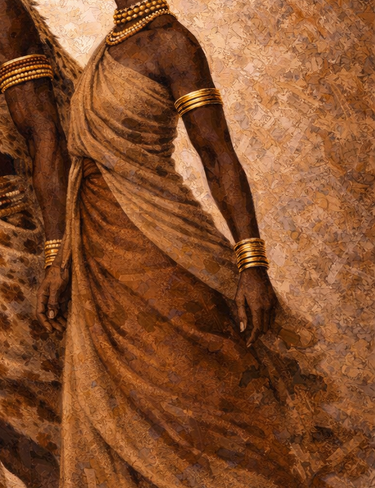 Close-up of flowing fabric texture and movement in The Passage Sankofa IV artwork, showing detailed folds and warm earth tones